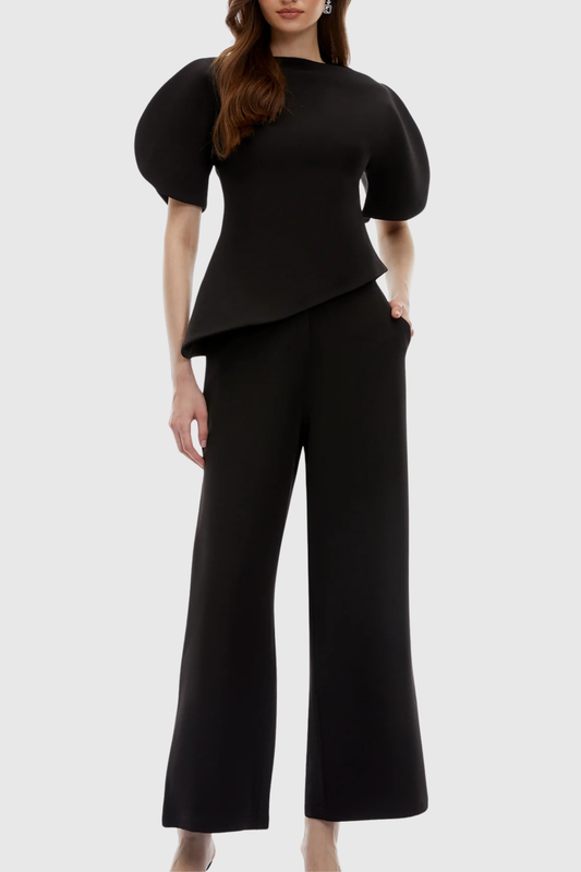 Aniya Puff Sleeve Top & Trousers Set - Black