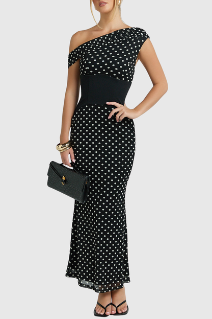 Ankia Off Shoulder Polka Dot Maxi Dress - Black