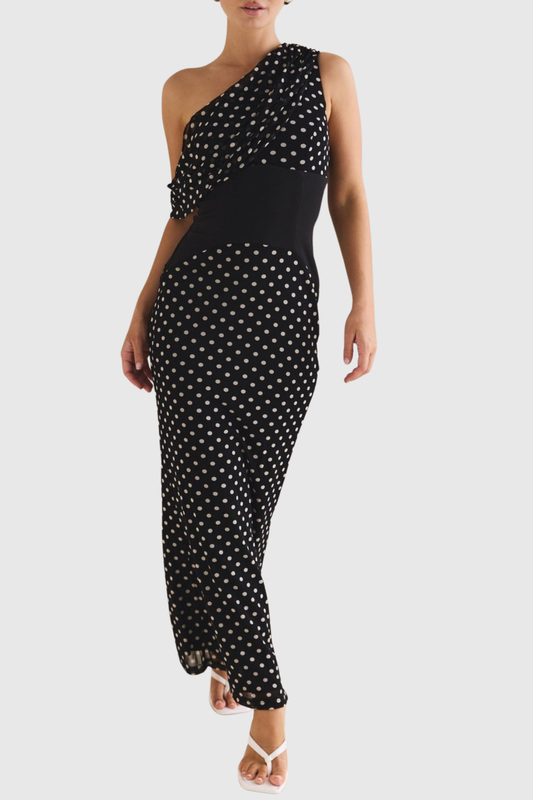 Ankia Off Shoulder Polka Dot Maxi Dress - Black
