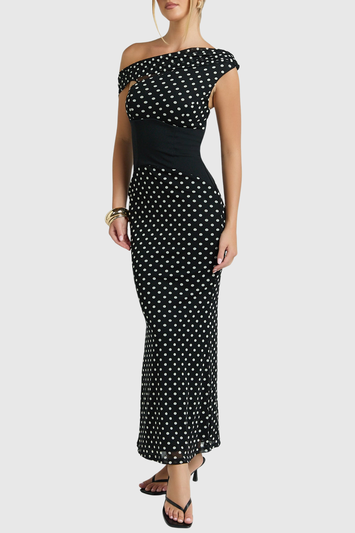 Ankia Off Shoulder Polka Dot Maxi Dress - Black