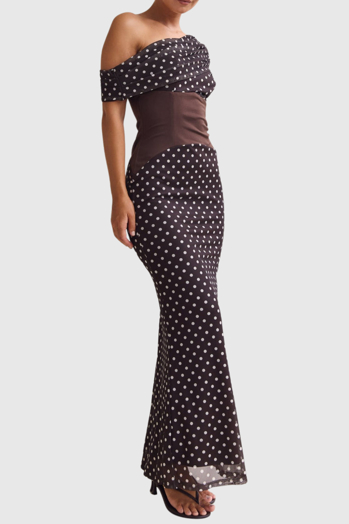 Ankia Off Shoulder Polka Dot Maxi Dress - Brown