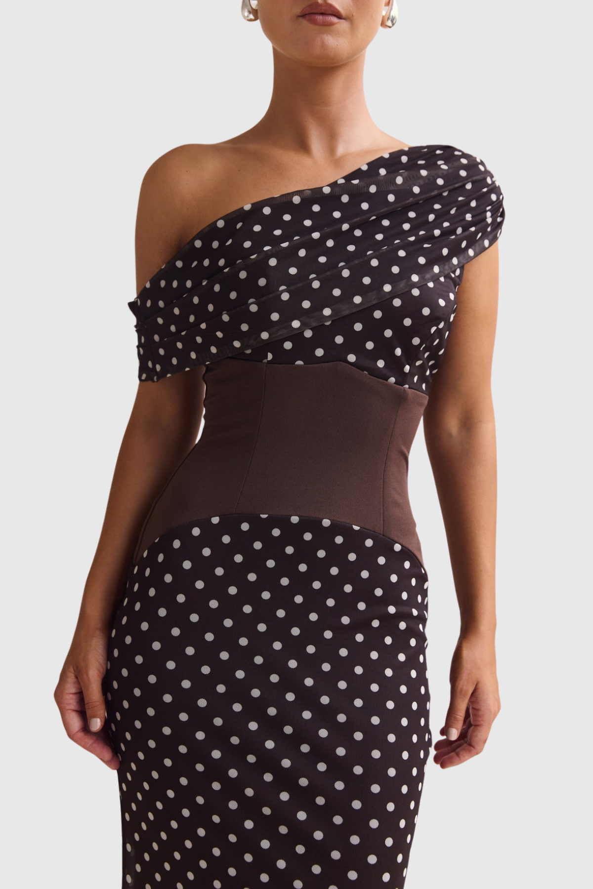 Ankia Off Shoulder Polka Dot Maxi Dress - Brown