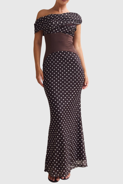 Ankia Off Shoulder Polka Dot Maxi Dress - Brown