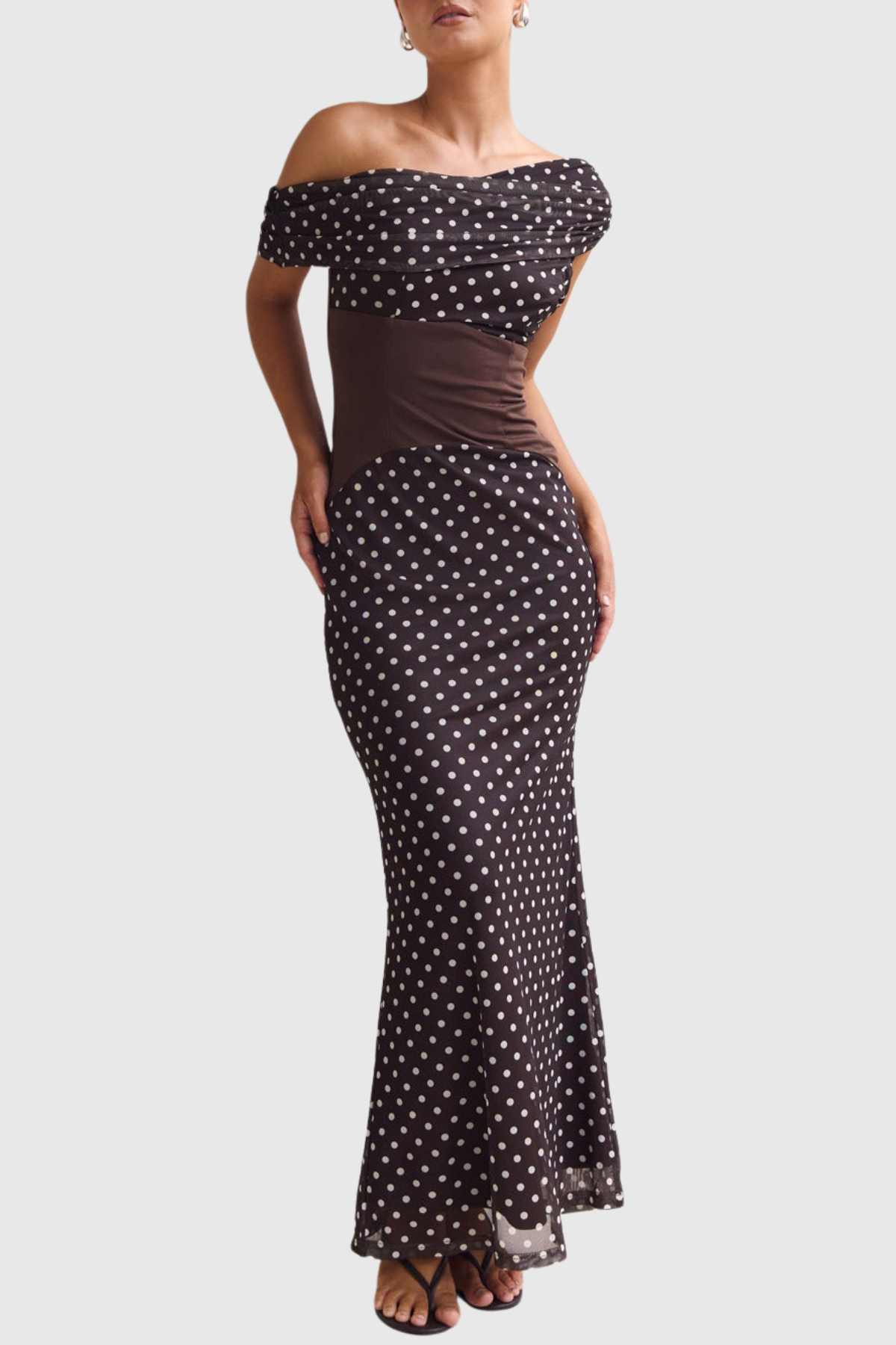 Ankia Off Shoulder Polka Dot Maxi Dress - Brown