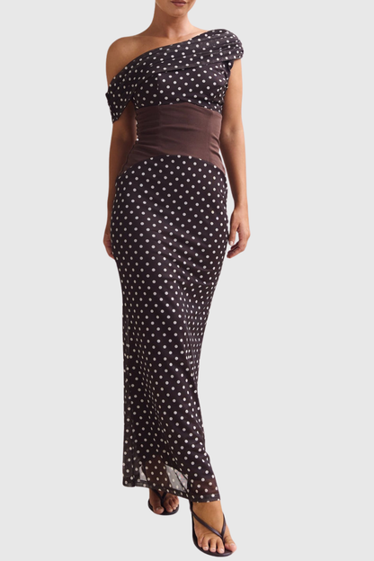 Ankia Off Shoulder Polka Dot Maxi Dress - Brown