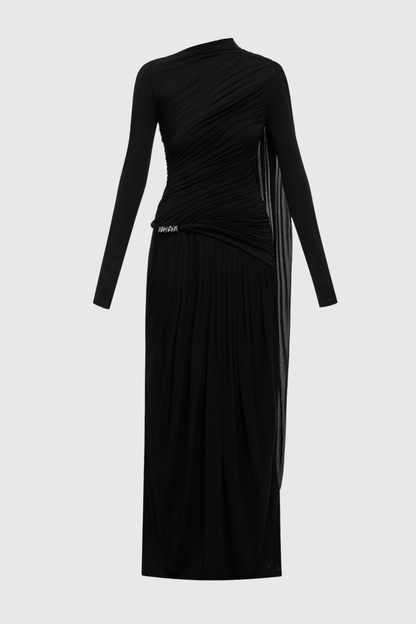 Annella Asymmetric Ruched Flap Maxi Dress - Black