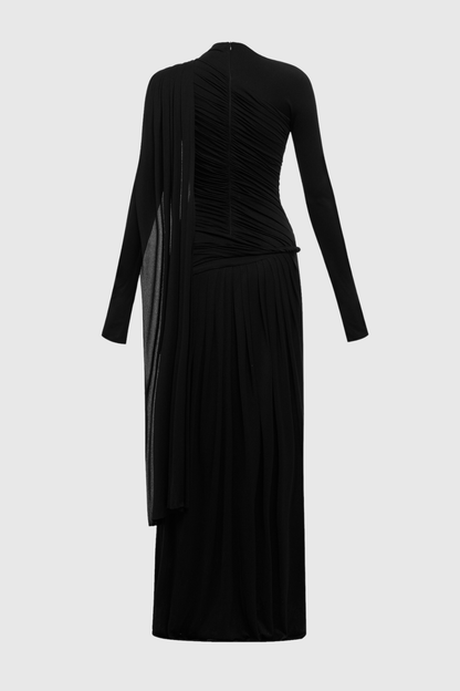 Annella Asymmetric Ruched Flap Maxi Dress - Black