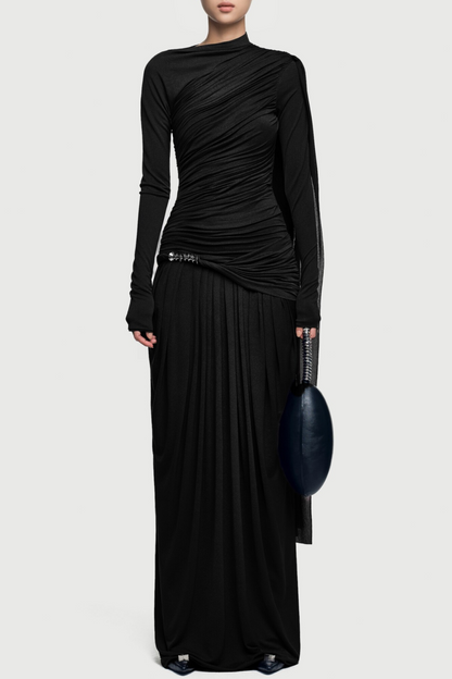 Annella Asymmetric Ruched Flap Maxi Dress - Black