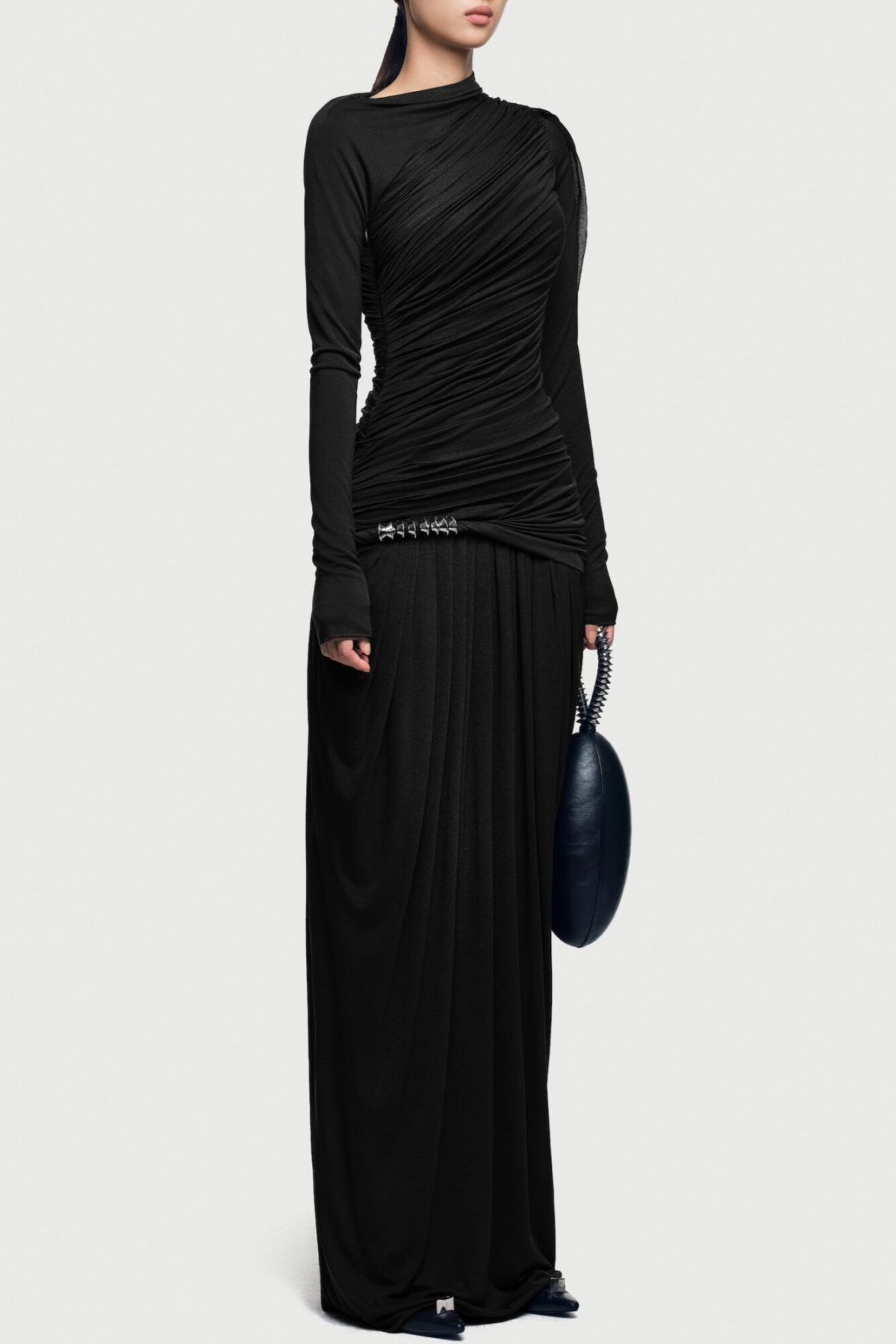 Annella Asymmetric Ruched Flap Maxi Dress - Black