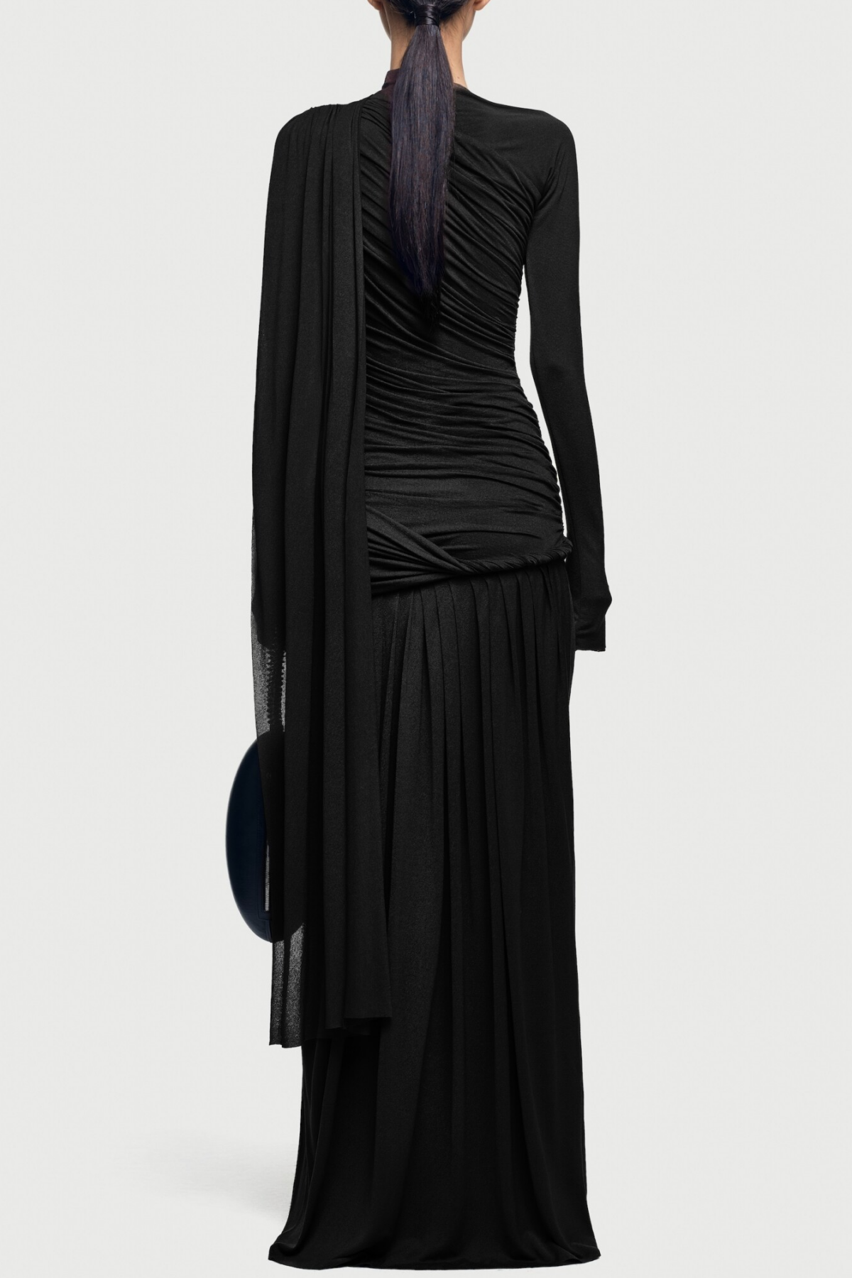 Annella Asymmetric Ruched Flap Maxi Dress - Black