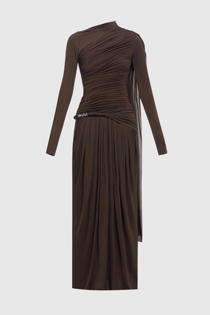 Annella Asymmetric Ruched Flap Maxi Dress - Brown