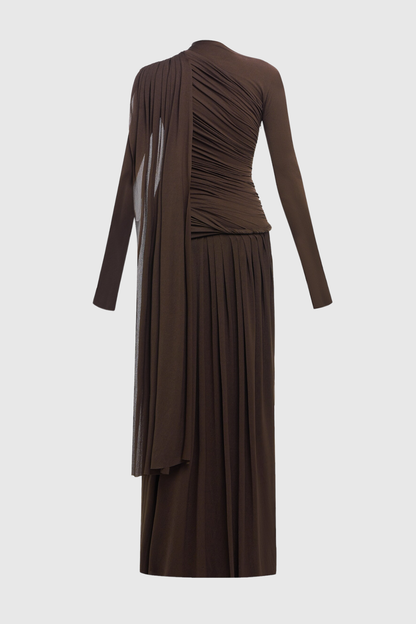 Annella Asymmetric Ruched Flap Maxi Dress - Brown