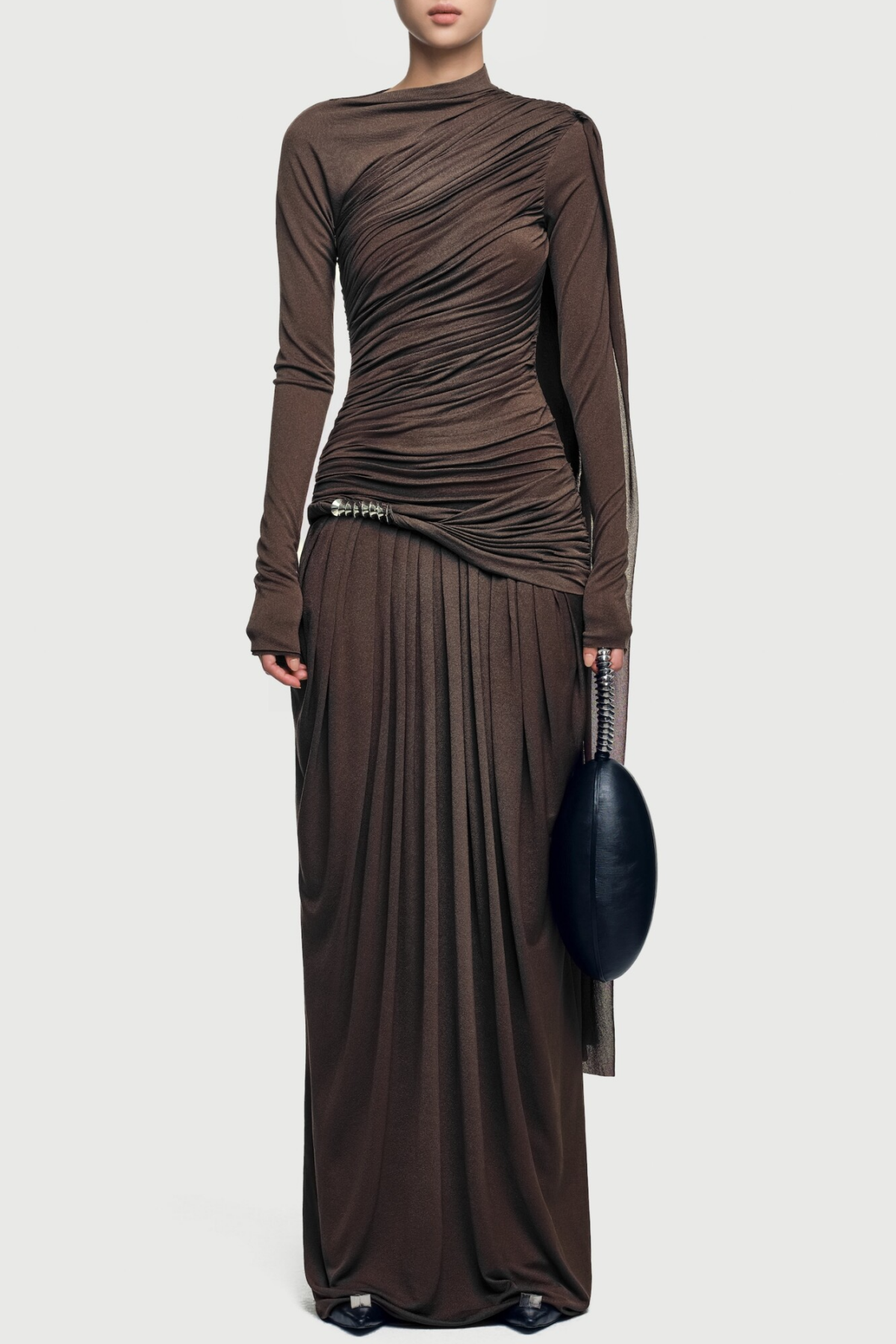 Annella Asymmetric Ruched Flap Maxi Dress - Brown