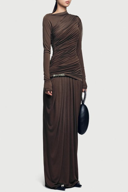 Annella Asymmetric Ruched Flap Maxi Dress - Brown