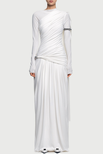 Annella Asymmetric Ruched Flap Maxi Dress - White