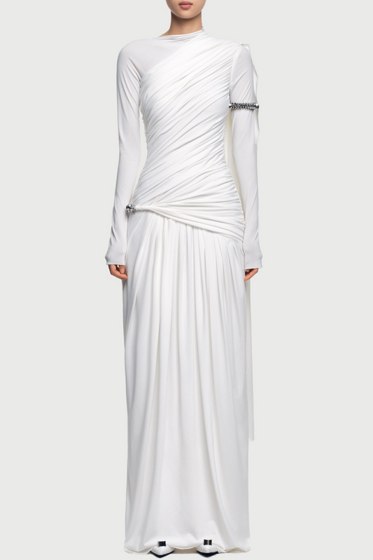 Annella Asymmetric Ruched Flap Maxi Dress - White