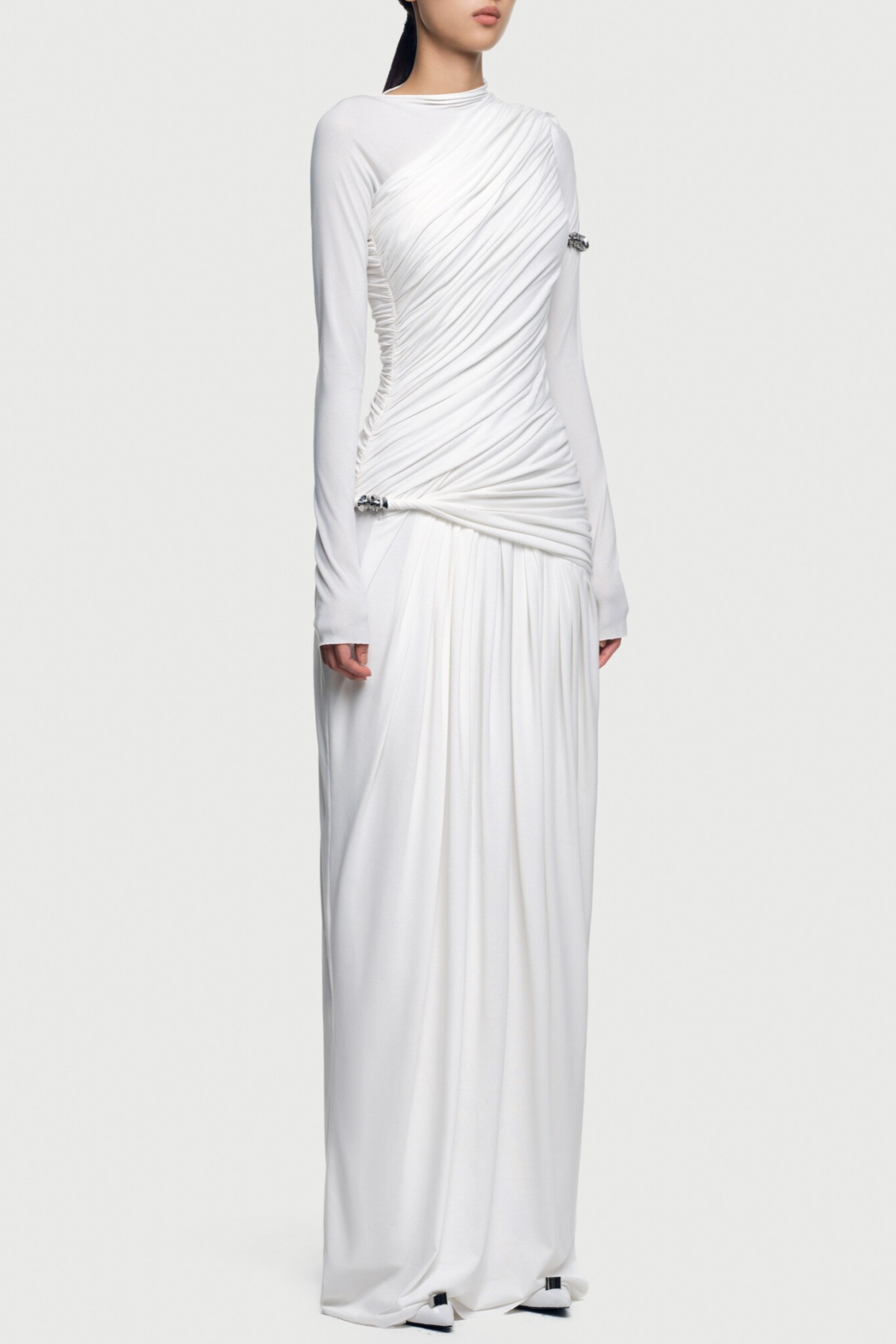 Annella Asymmetric Ruched Flap Maxi Dress - White