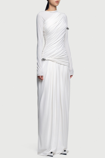 Annella Asymmetric Ruched Flap Maxi Dress - White