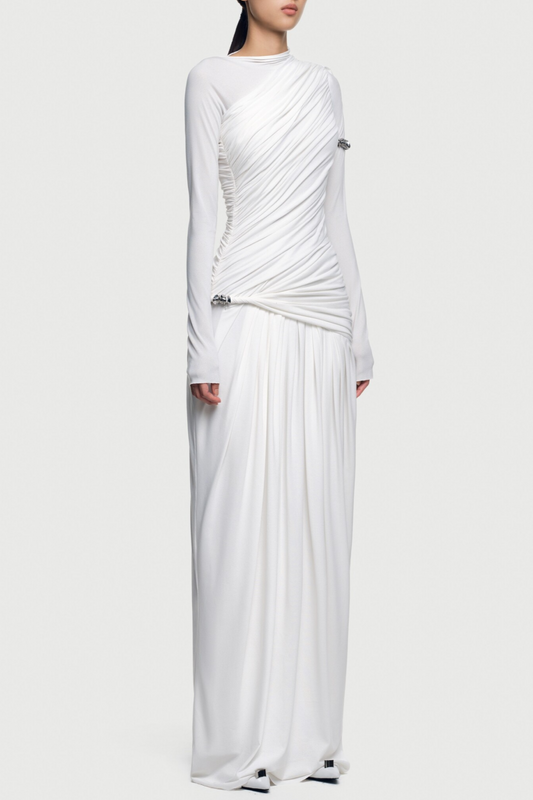 Annella Asymmetric Ruched Flap Maxi Dress - White