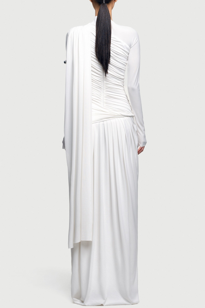 Annella Asymmetric Ruched Flap Maxi Dress - White