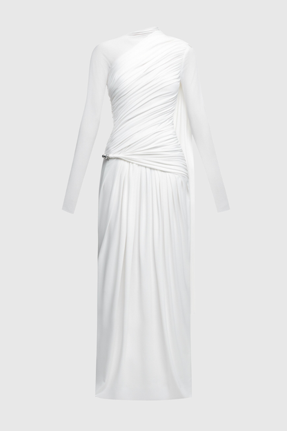 Annella Asymmetric Ruched Flap Maxi Dress - White