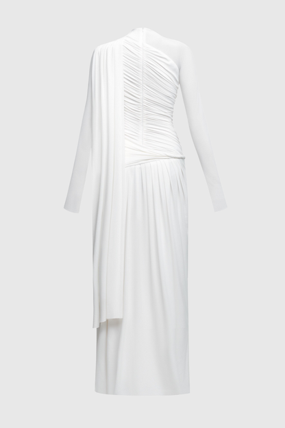 Annella Asymmetric Ruched Flap Maxi Dress - White