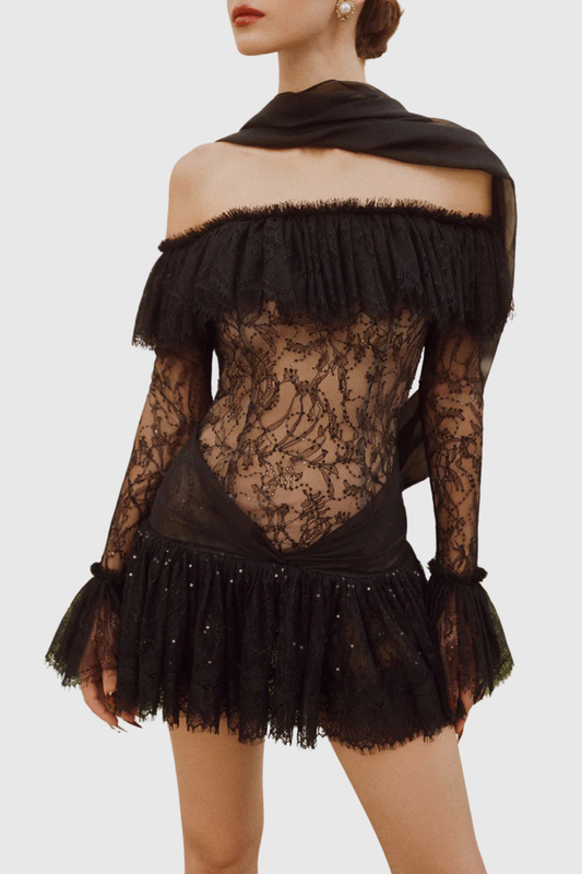 Annelore Off Shoulder Lace Ruffle Mini Dress