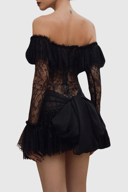 Annelore Off Shoulder Lace Ruffle Mini Dress