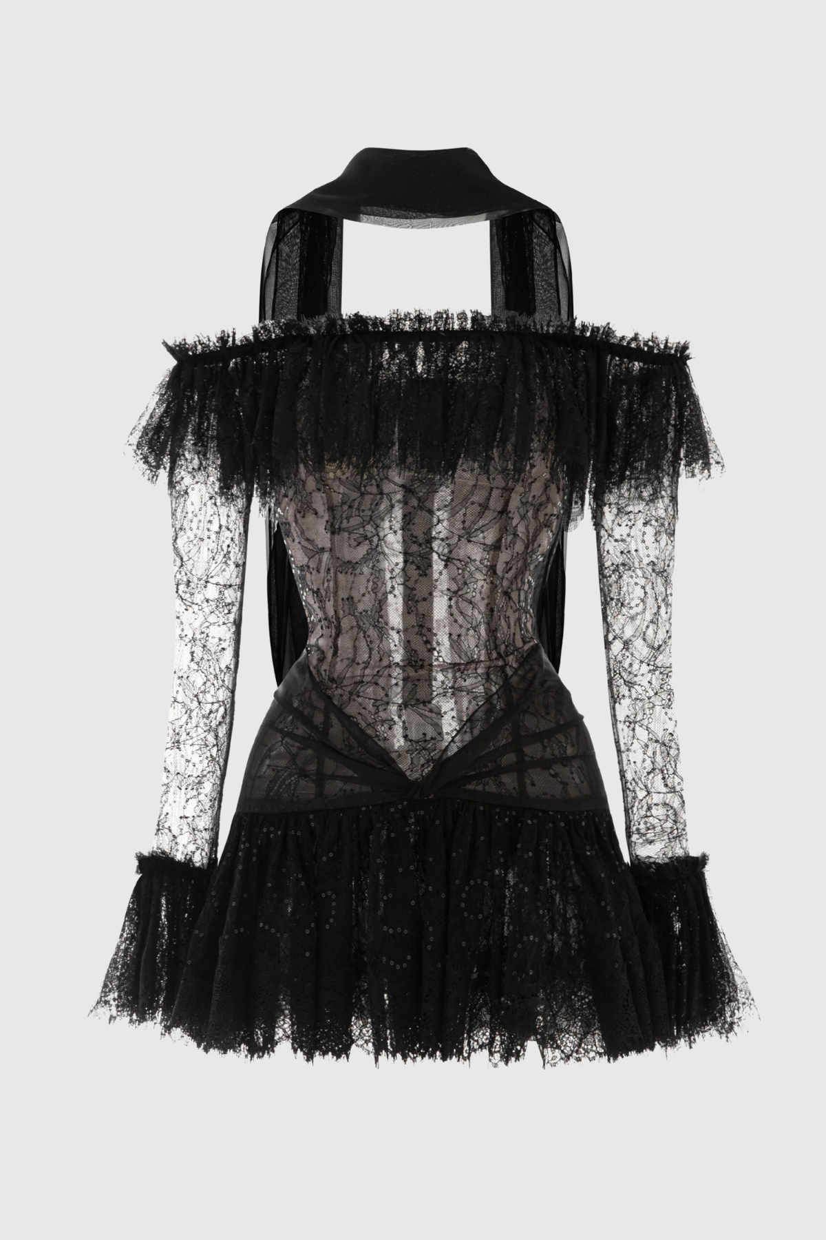 Annelore Off Shoulder Lace Ruffle Mini Dress