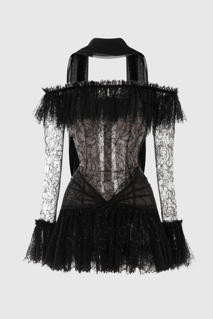 Annelore Off Shoulder Lace Ruffle Mini Dress