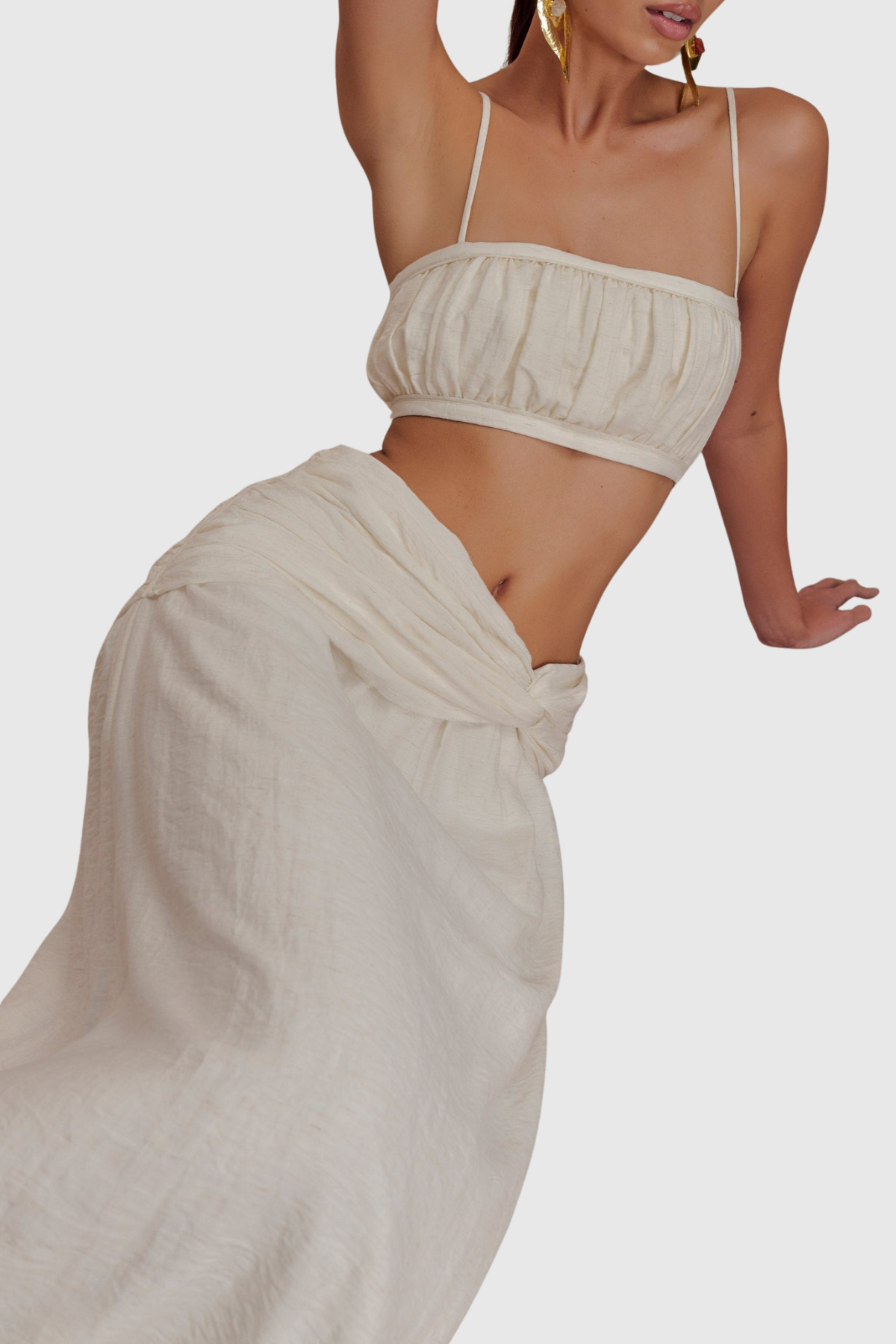 Annike Ruched Top & Knot Maxi Skirt Set - White