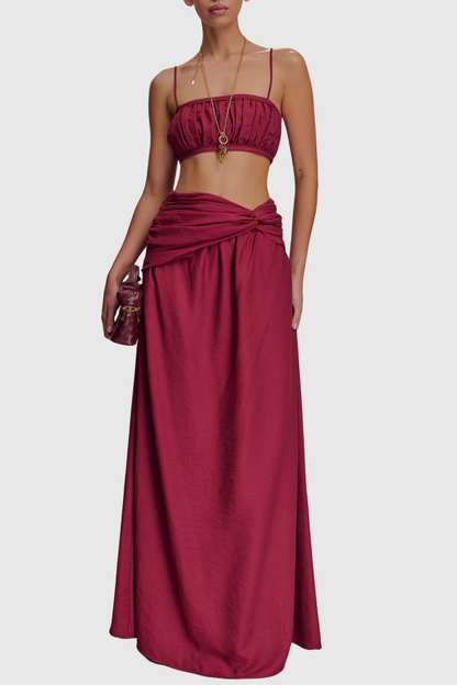 Annike Ruched Top & Knot Maxi Skirt Set - Wine
