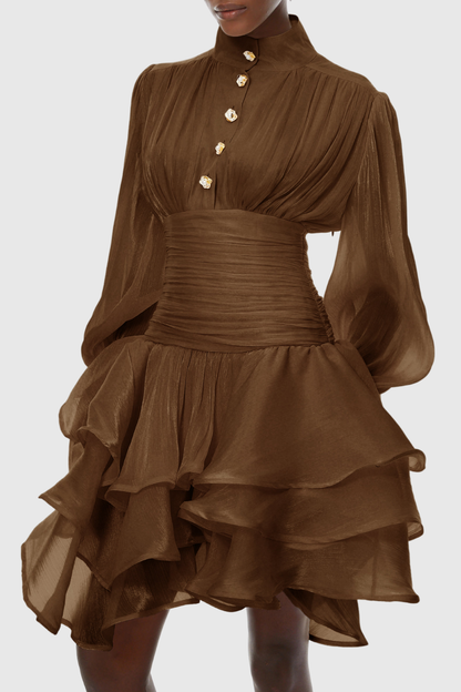 Ansela Ruffle Ruched Mini Dress - Brown