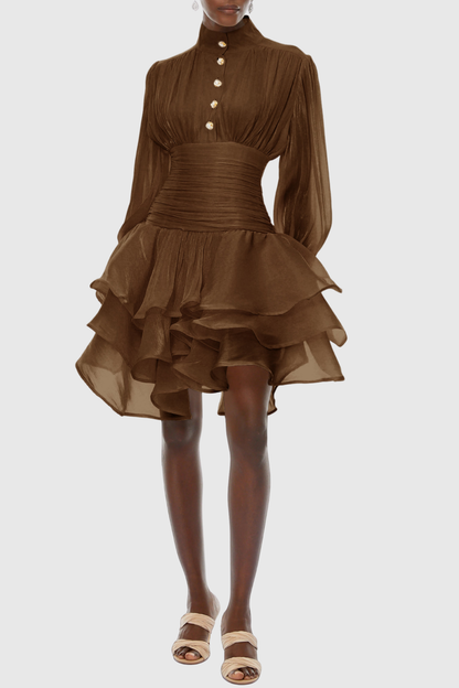Ansela Ruffle Ruched Mini Dress - Brown