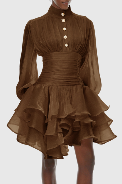 Ansela Ruffle Ruched Mini Dress - Brown