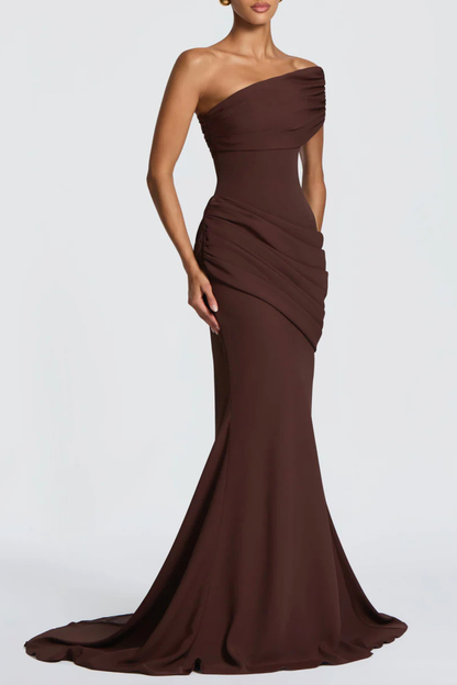 Ansley One Shoulder Draped Maxi Dress - Brown
