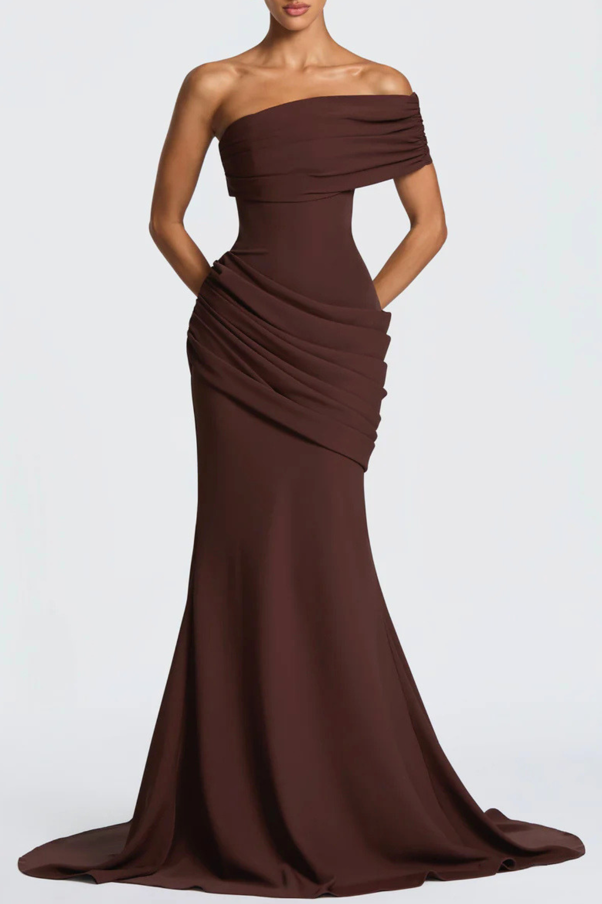 Ansley One Shoulder Draped Maxi Dress - Brown