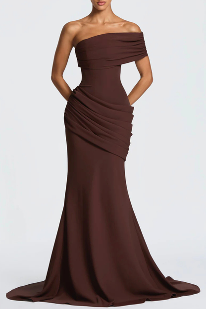 Ansley One Shoulder Draped Maxi Dress - Brown