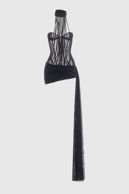 Anuki Mesh Halter Fringe Draped Mini Dress
