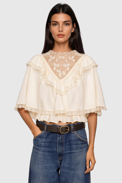 Anwen Lace Ruffle Top - Beige