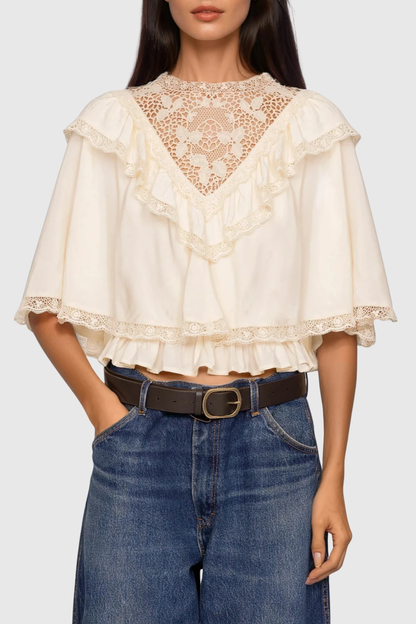 Anwen Lace Ruffle Top - Beige