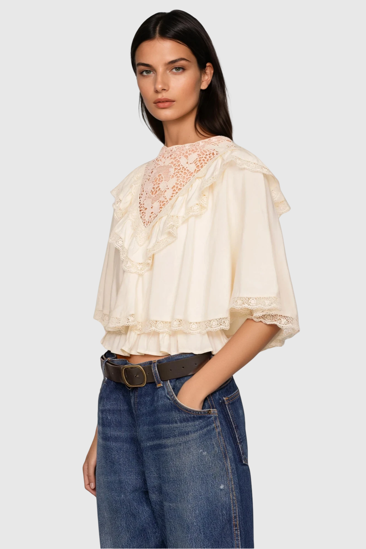 Anwen Lace Ruffle Top - Beige