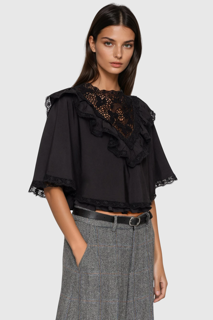 Anwen Lace Ruffle Top - Black