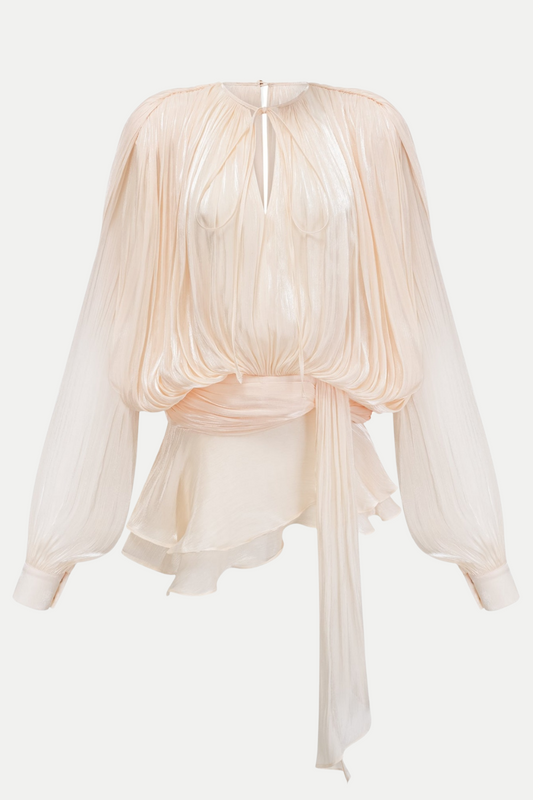 Anzay Pleated Ruffled Hem Mini Dress - Beige