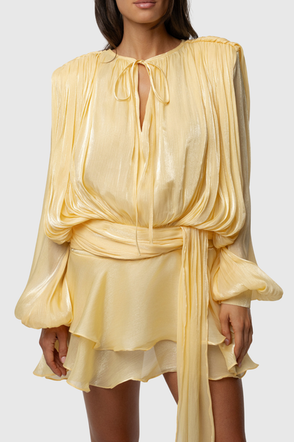 Anzay Pleated Ruffled Hem Mini Dress - Yellow