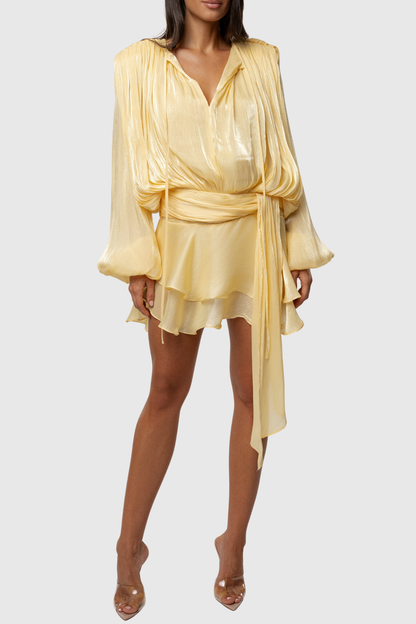 Anzay Pleated Ruffled Hem Mini Dress - Yellow