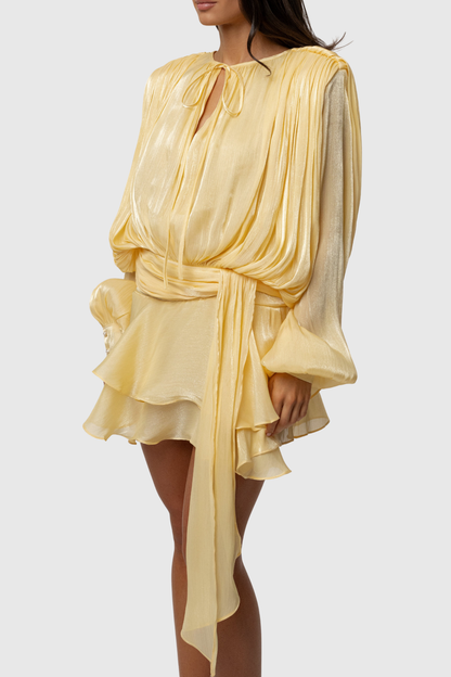 Anzay Pleated Ruffled Hem Mini Dress - Yellow