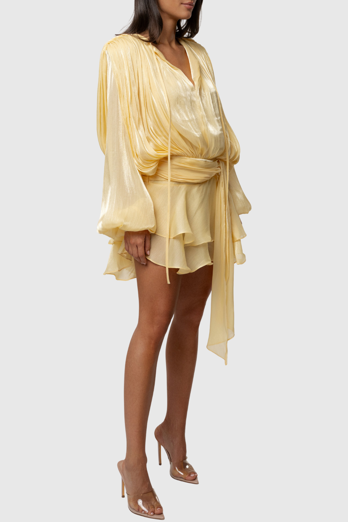 Anzay Pleated Ruffled Hem Mini Dress - Yellow