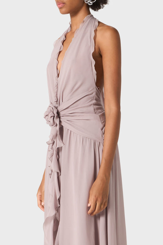 Aonaver Floral Ruffle Halter Maxi Dress - Purple