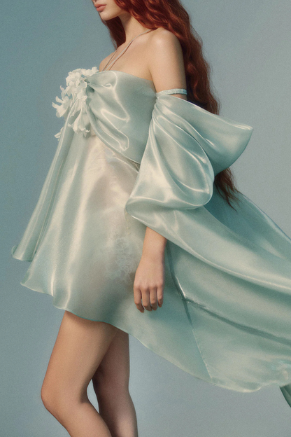 Aoncepa Puff Sleeve Glossy Midi Dress
